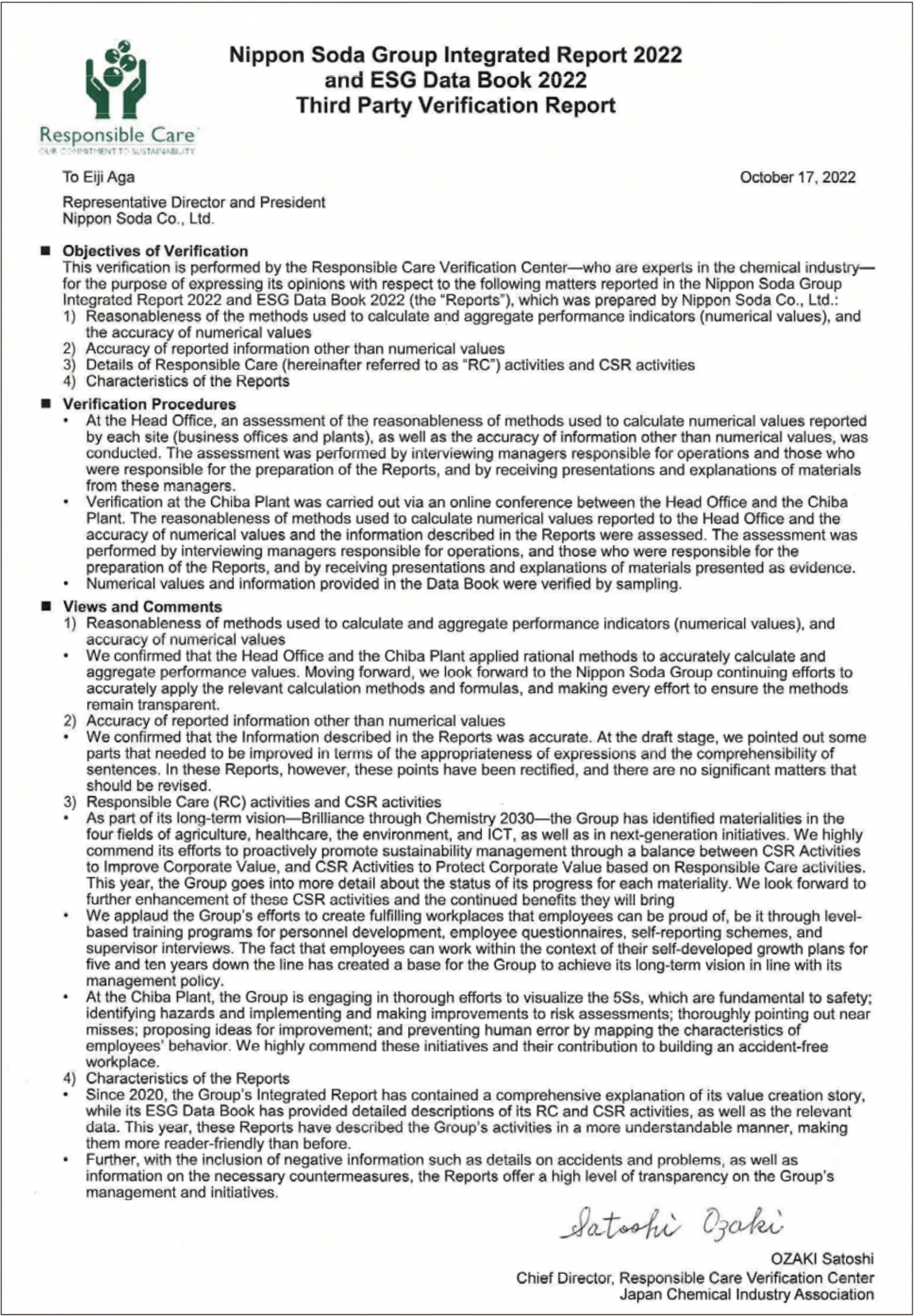 Third-Party Verification of the Nippon Soda Group Integrated Report 2022 and ESG Data Book 2022
